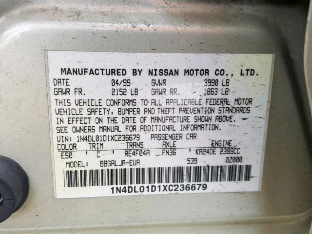 1N4DL01D1XC236679 - 1999 NISSAN ALTIMA XE GOLD photo 10