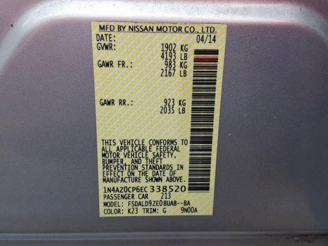 1N4AZ0CP6EC338520 - 2014 NISSAN LEAF S SILVER photo 10