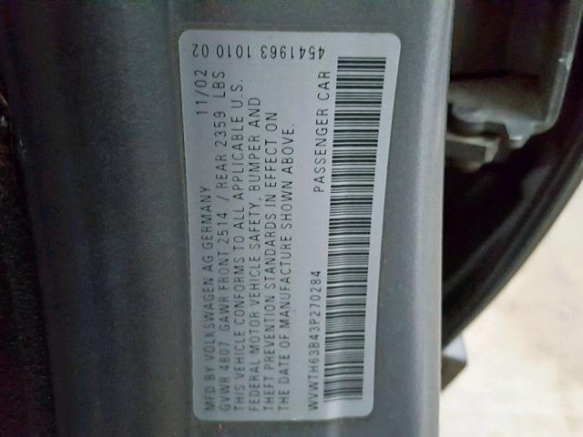 WVWTH63B43P270284 - 2003 VOLKSWAGEN PASSAT GLX GRAY photo 10