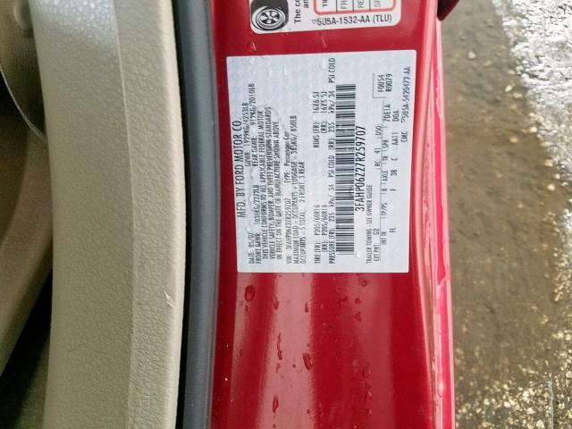 3FAHP06Z27R259707 - 2007 FORD FUSION S RED photo 10