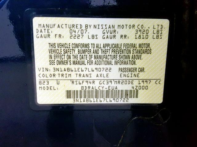 3N1AB61E67L690722 - 2007 NISSAN SENTRA 2.0 BLUE photo 10