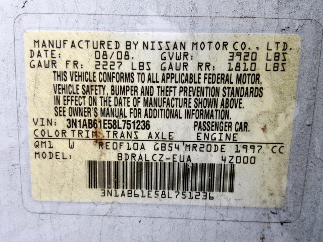 3N1AB61E58L751236 - 2008 NISSAN SENTRA 2.0 WHITE photo 10