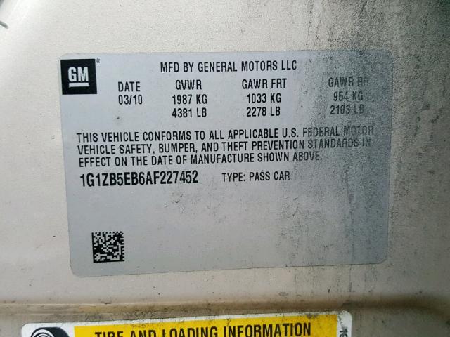 1G1ZB5EB6AF227452 - 2010 CHEVROLET MALIBU LS 棕色 照片 10