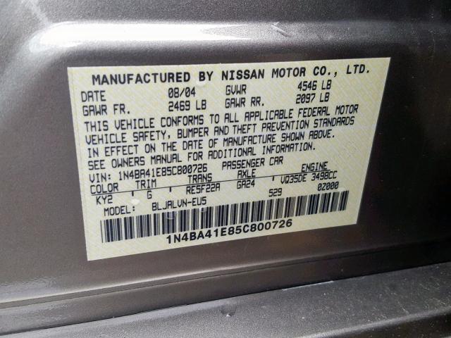 1N4BA41E85C800726 - 2005 NISSAN MAXIMA SE GRAY photo 10