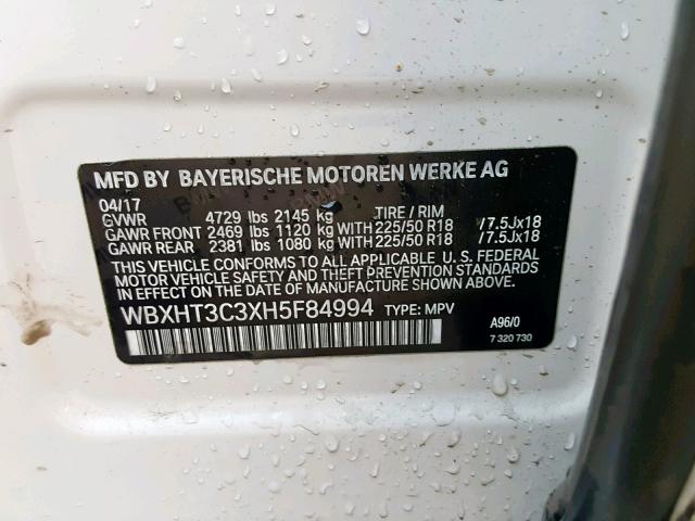 WBXHT3C3XH5F84994 - 2017 BMW X1 XDRIVE2 WHITE photo 10