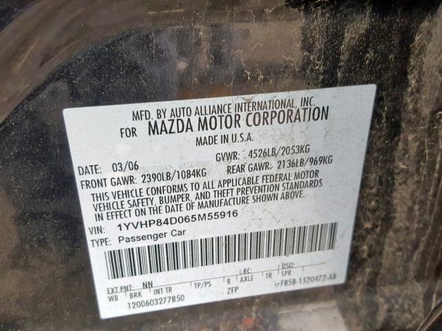 1YVHP84D065M55916 - 2006 MAZDA 6 S BLACK photo 10