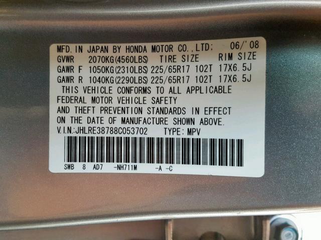 JHLRE38788C053702 - 2008 HONDA CR-V EXL GRAY photo 10