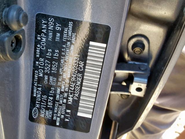 KMHCT4AE9HU203331 - 2017 HYUNDAI ACCENT SE GRAY photo 10