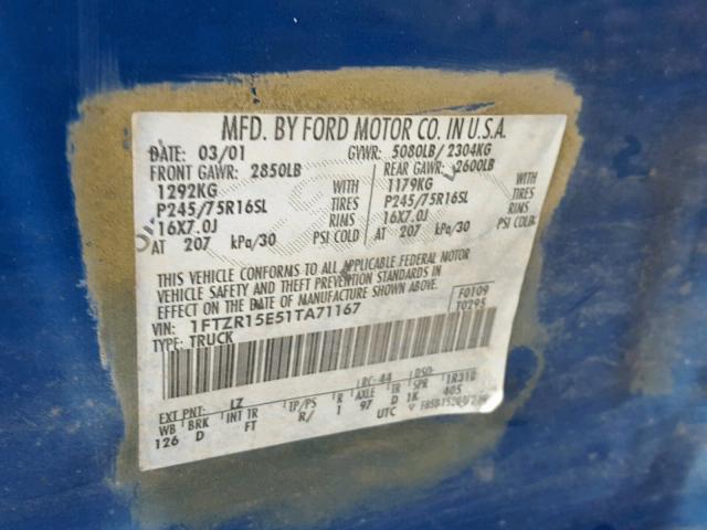 1FTZR15E51TA71167 - 2001 FORD RANGER SUP BLUE photo 10