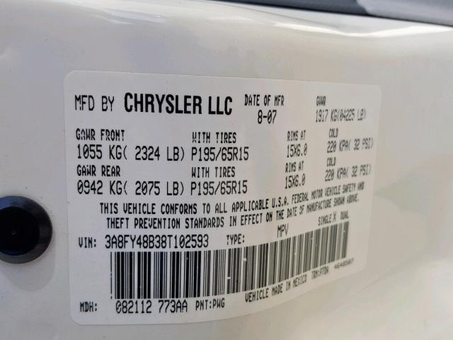 3A8FY48B38T102593 - 2008 CHRYSLER PT CRUISER WHITE photo 10