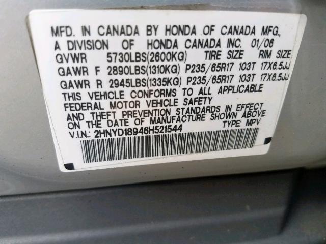 2HNYD18946H521544 - 2006 ACURA MDX TOURIN SILVER photo 10