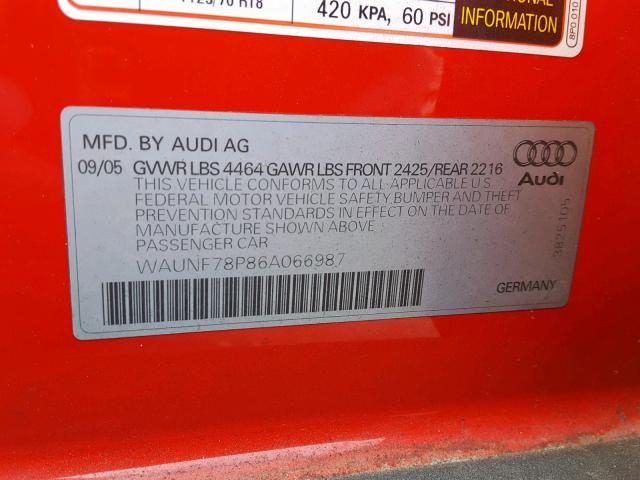 WAUNF78P86A066987 - 2006 AUDI A3 2.0 PRE RED photo 10