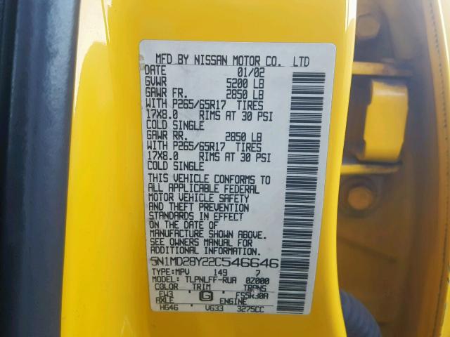 5N1MD28Y22C546646 - 2002 NISSAN XTERRA SE YELLOW photo 10