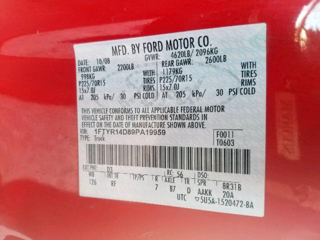 1FTYR14D89PA19959 - 2008 FORD RANGER SUP SILVER photo 10