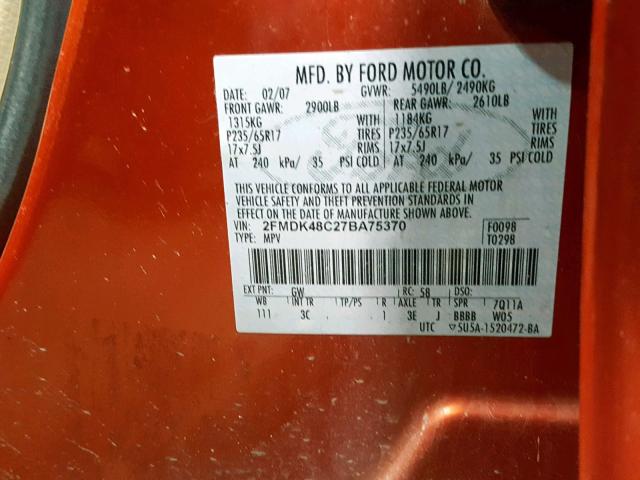 2FMDK48C27BA75370 - 2007 FORD EDGE SEL ORANGE photo 10