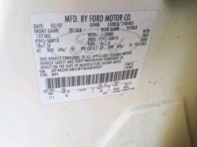 2FMDK38C87BA85007 - 2007 FORD EDGE SEL WHITE photo 10