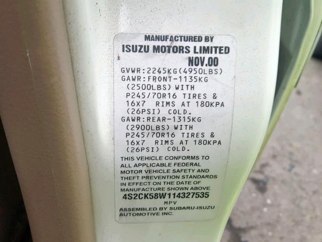 4S2CK58W114327535 - 2001 ISUZU RODEO S WHITE photo 10