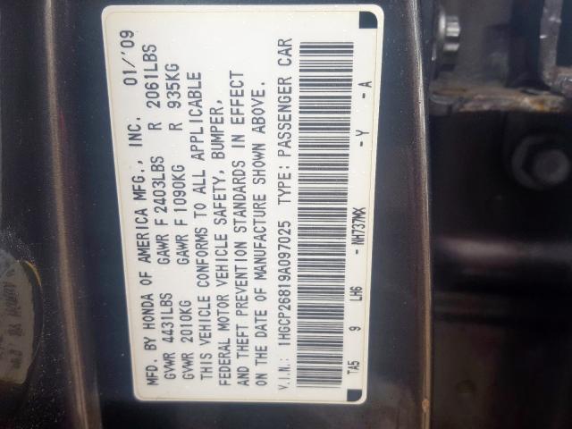 1HGCP26819A097025 - 2009 HONDA ACCORD EXL GRAY photo 10