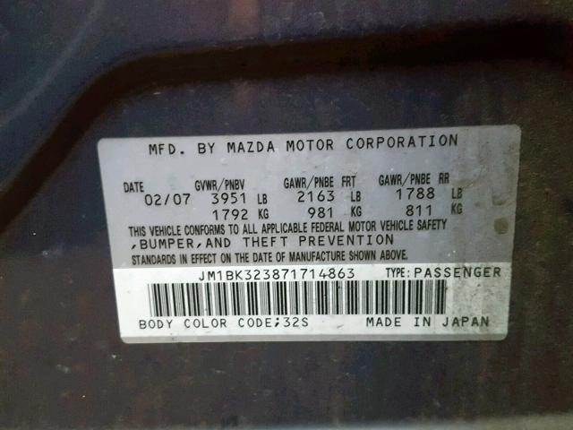 JM1BK323871714863 - 2007 MAZDA 3 S GRAY photo 10