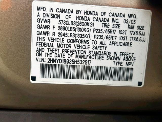 2HNYD18935H532517 - 2005 ACURA MDX TOURIN CREAM photo 10