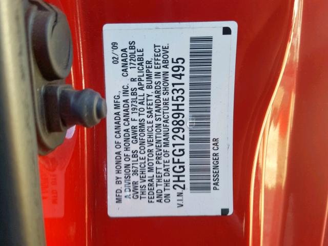 2HGFG12989H531495 - 2009 HONDA CIVIC EXL RED photo 10