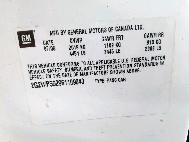 2G2WP552961109040 - 2006 PONTIAC GRAND PRIX Սպիտակ լուսանկար 10