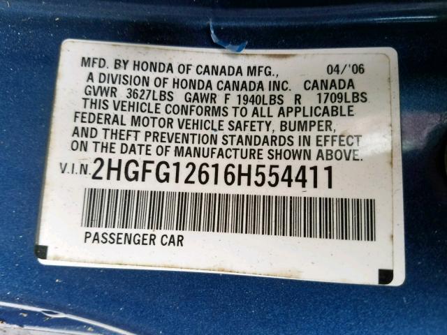 2HGFG12616H554411 - 2006 HONDA CIVIC LX BLUE photo 10