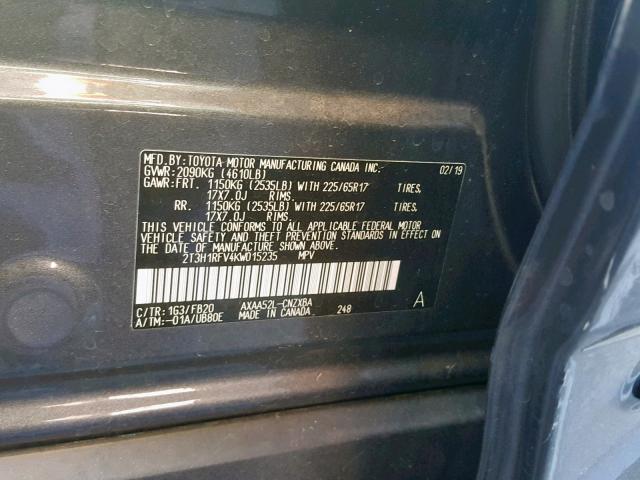 2T3H1RFV4KW015235 - 2019 TOYOTA RAV4 LE GRAY photo 10