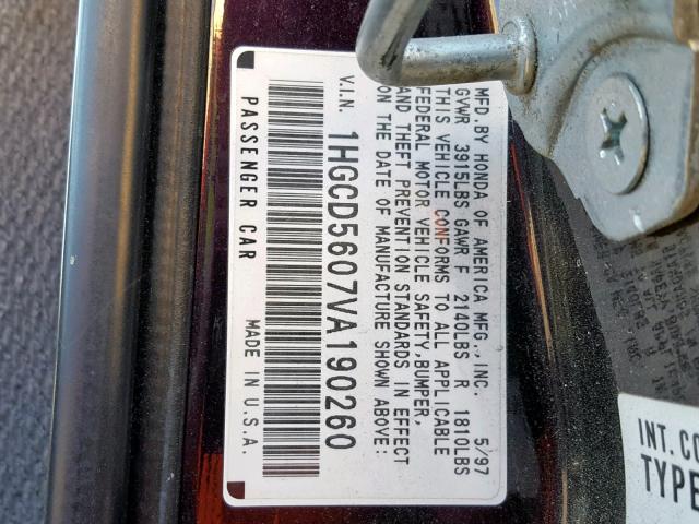 1HGCD5607VA190260 - 1997 HONDA ACCORD PURPLE photo 10