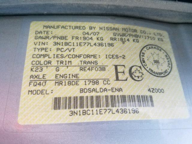 3N1BC11E77L436196 - 2007 NISSAN VERSA S SILVER photo 10