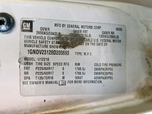 1GNDV23128D206693 - 2008 CHEVROLET UPLANDER L SILVER photo 10