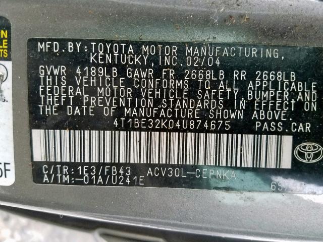 4T1BE32K04U874675 - 2004 TOYOTA CAMRY LE GRAY photo 10