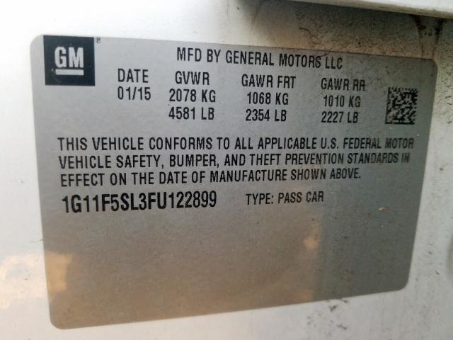 1G11F5SL3FU122899 - 2015 CHEVROLET MALIBU LTZ 白色 照片 10