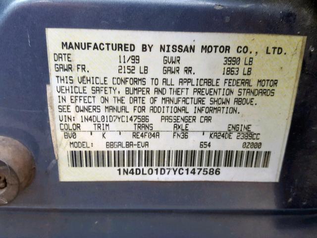 1N4DL01D7YC147586 - 2000 NISSAN ALTIMA XE BLUE photo 10