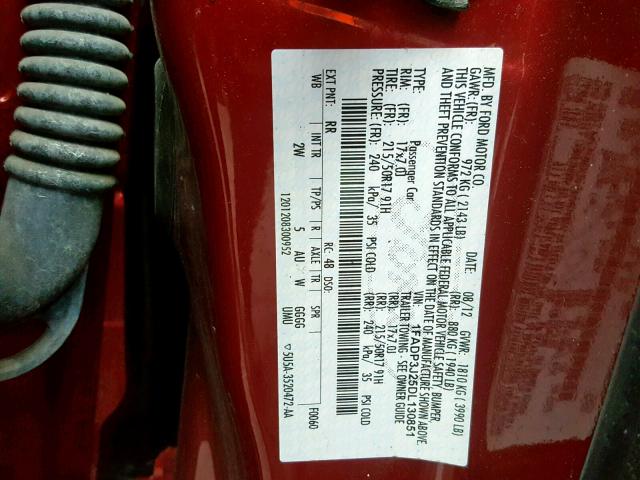 1FADP3J25DL130851 - 2013 FORD FOCUS TITA RED photo 10