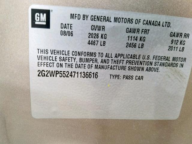 2G2WP552471136616 - 2007 PONTIAC GRAND PRIX BROWN photo 10