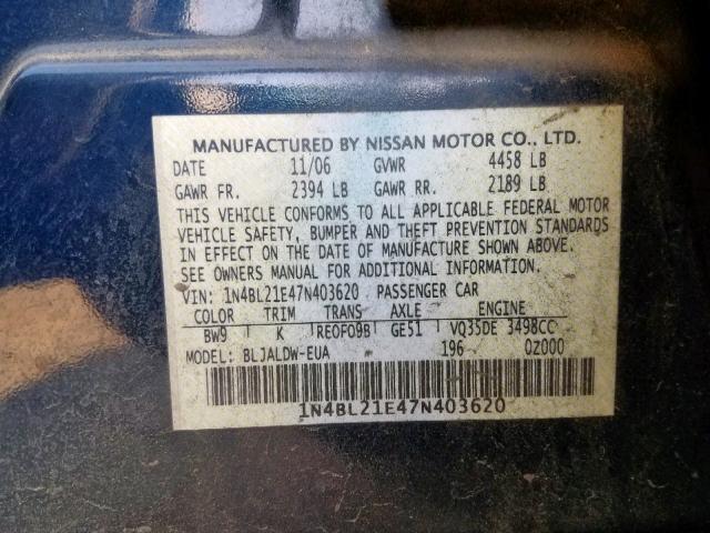 1N4BL21E47N403620 - 2007 NISSAN ALTIMA 3.5 BLUE photo 10