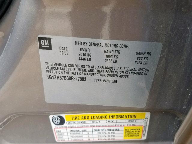 1G1ZH57B38F227883 - 2008 CHEVROLET MALIBU 1LT 灰色 照片 10