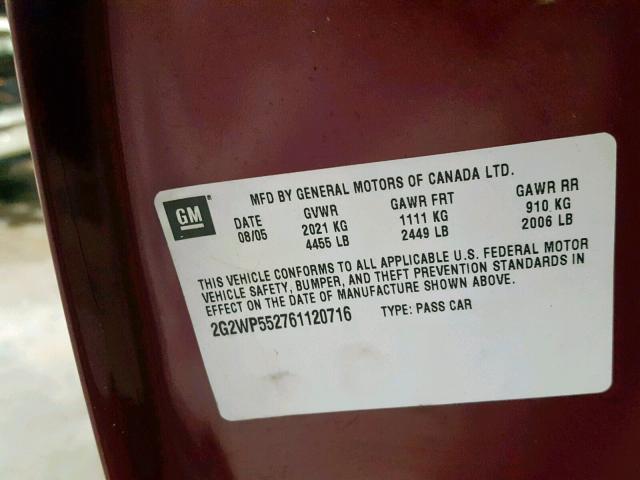 2G2WP552761120716 - 2006 PONTIAC GRAND PRIX წითელი ფოტო 10