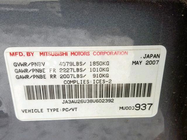 JA3AU26U38U602392 - 2008 MITSUBISHI LANCER ES GRAY photo 10