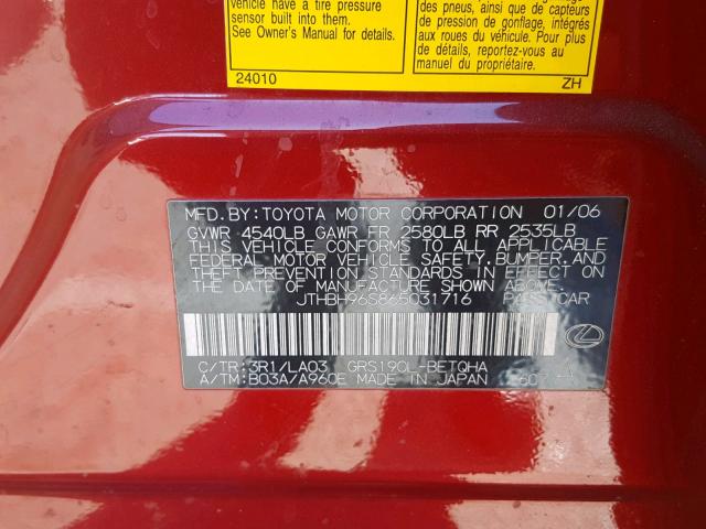 JTHBH96S865031716 - 2006 LEXUS GS 300 RED photo 10