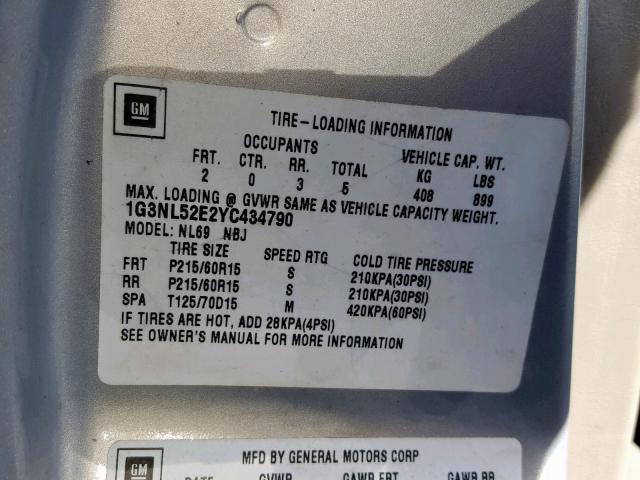 1G3NL52E2YC434790 - 2000 OLDSMOBILE ALERO GL SILVER photo 10