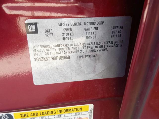 1G1ZK57798F189668 - 2008 CHEVROLET MALIBU LTZ წითელი ფოტო 10