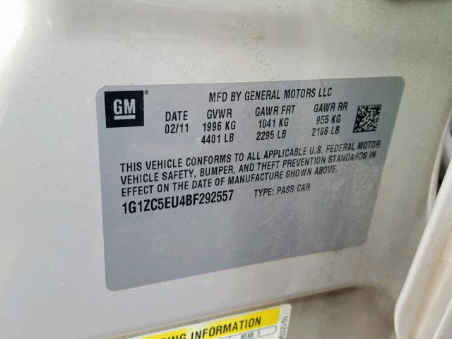 1G1ZC5EU4BF292557 - 2011 CHEVROLET MALIBU 1LT BEIGE photo 10