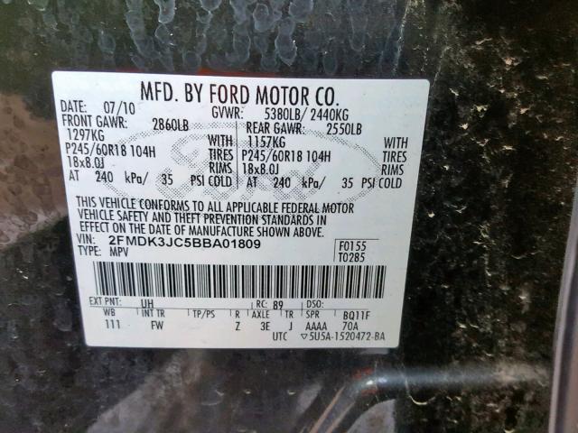 2FMDK3JC5BBA01809 - 2011 FORD EDGE SEL BLACK photo 10