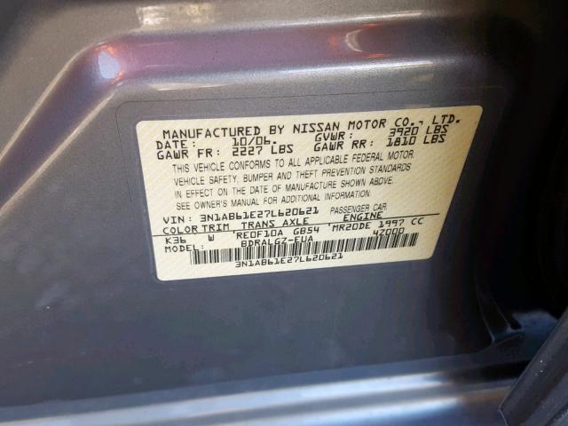 3N1AB61E27L620621 - 2007 NISSAN SENTRA 2.0 SILVER photo 10