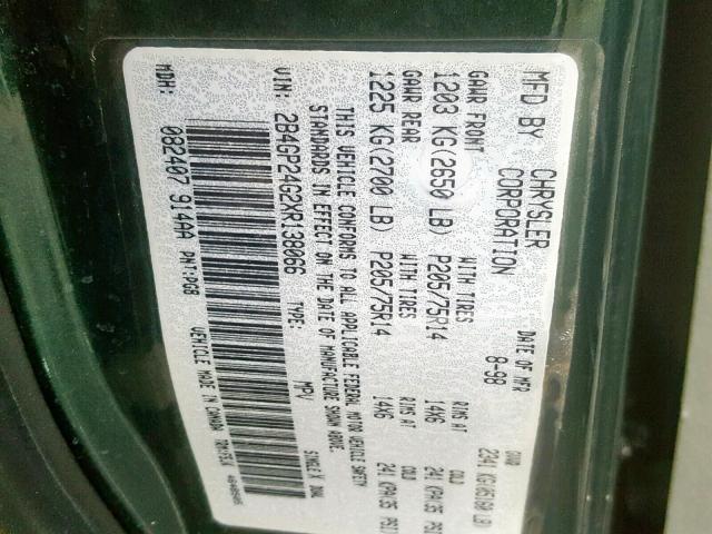 2B4GP24G2XR138066 - 1999 DODGE GRAND CARA GREEN photo 10