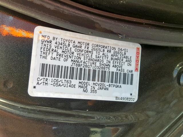 JT8BF28G710328875 - 2001 LEXUS ES 300 GRAY photo 10