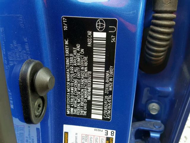 NMTKHMBX8JR041718 - 2018 TOYOTA C-HR XLE BLUE photo 10