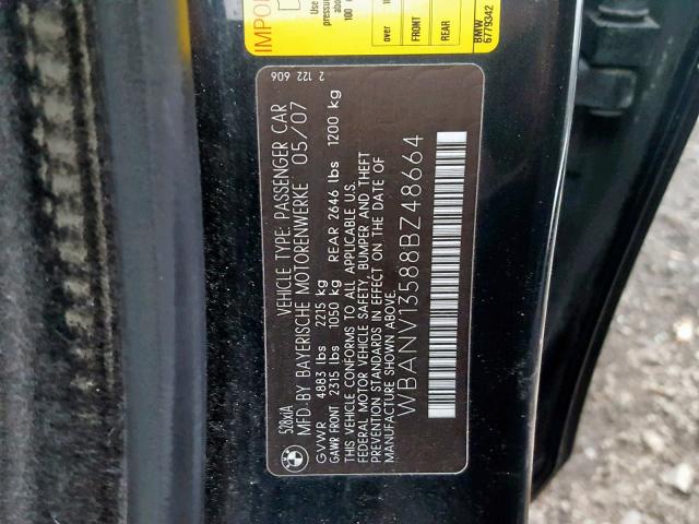 WBANV13588BZ48664 - 2008 BMW 528 XI BLACK photo 10